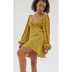 Revolve AFRM Yellow Art Animal Cheetah Print Long Sleeve Mini Dress Small